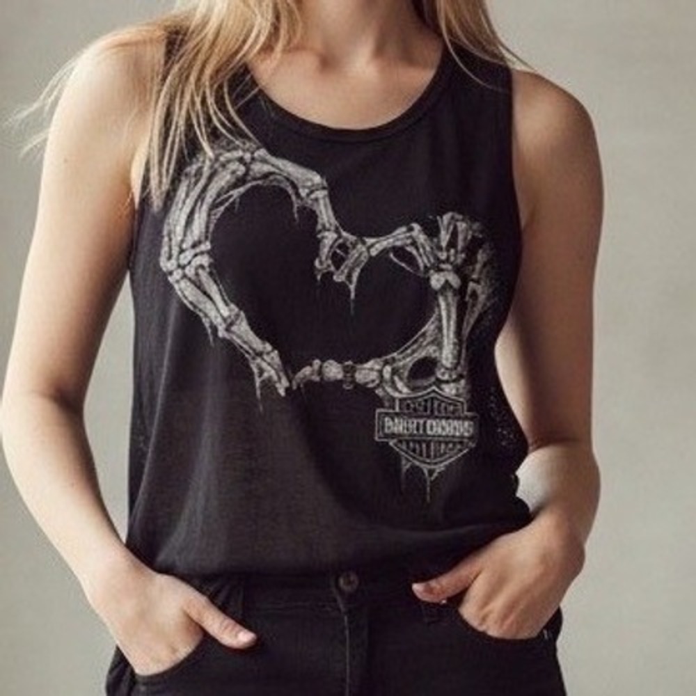 Harley-Davidson Womens Tank Black Skeleton Heart Eagle's Nest Lathrop CA 2014